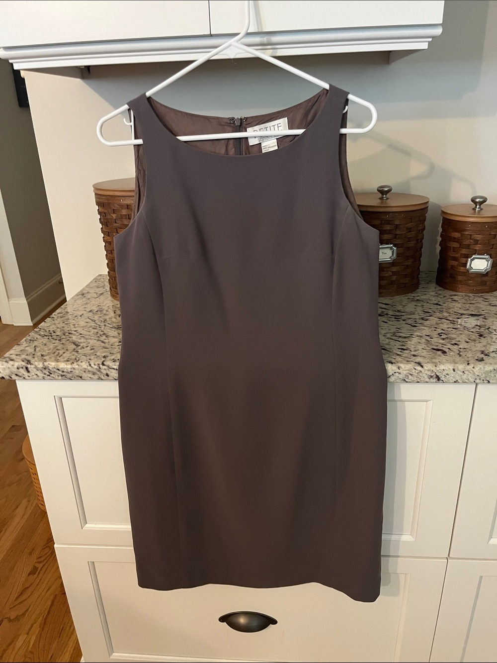 Petite Sophisticate Sleeveless Midi Sheath Dress in Taupe